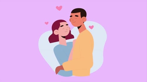Animated Loving Couple Embracing with Floating Hearts in Flat Design