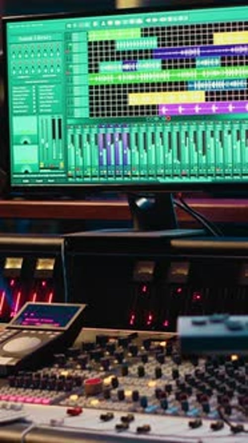 Vertical Video Empty Control Room Professional Studio Used in Music Recording Industry