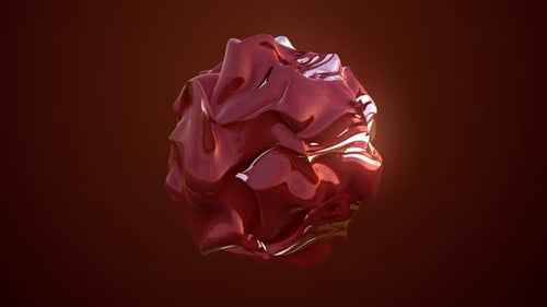 Morphing of a red sphere, a ball of molten fluid iridescent shiny beautiful glowing on a dark blue
