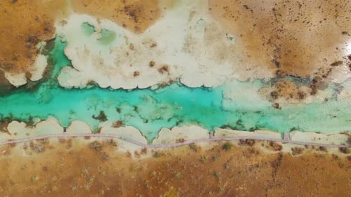 Canal de la lagune de Bacalar avec nageurs et sentier en bois avec stromatolite au Mexique