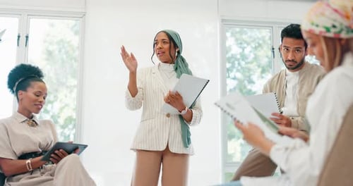 Business woman, speaker or mentor in training, workshop or presentation for company growth