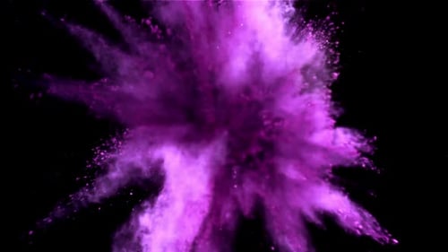 Superzeitlupenexplosion von Farbpulver auf schwarzem Hintergrund, gefilmt mit einer Hochgeschwindigkeitskamera bei 10:00 Uhr