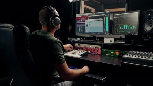 a focused male sound engineer wearing headphones sits at a mixing desk recording new track