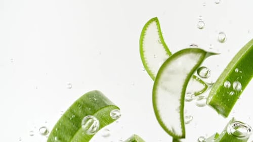 Aloe Vera Slices Falling Into Clean Water