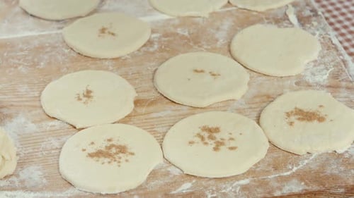 Cooking and Home Concept Close Up of Female Hands Sprinkled with Cinnamon Circles of Dough for