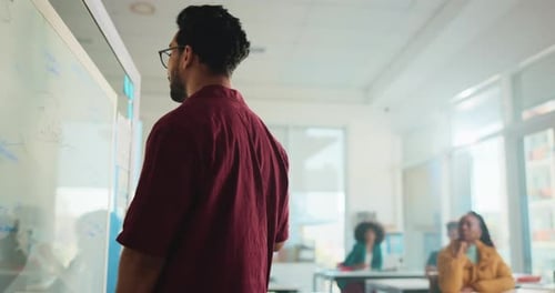 Classroom, whiteboard and teacher with students at college for learning