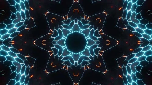 Dynamische Kaleidoskop-Animation mit leuchtenden Neonsechsecken