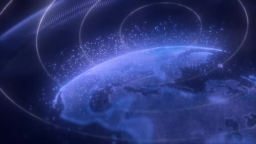 Una representación digital de la Tierra azul con un planeta de líneas brillantes