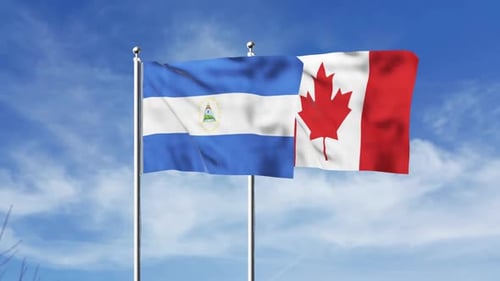 Nicaragua and Canada Flags Waving in Wind