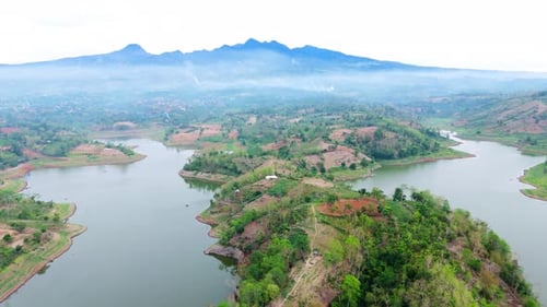 Aerial footage of beautiful lake landscape with mountain