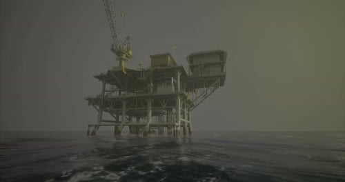Oil Rig Standing Tall in Foggy Waters Under a Grey Sky