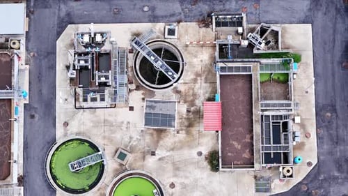 Aerial Drone View Process Cleaning Dirty Sewage Water By Active Sludge Modern Technologies