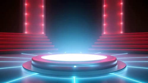 Futuristic Stage with Glowing Podium and Neon Lights for Virtual Studio