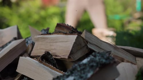 Close pan of pile of firewood as man chops with axe in background