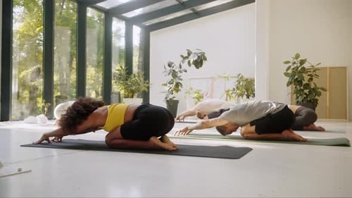 Sporty Multiracial Having Yoga Workout with Trainer Indoors