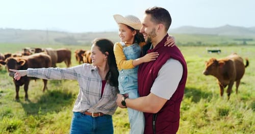 Farm, cattle and family on holiday in the countryside of Argentina for a sustainable lifestyle