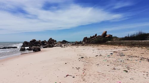 Beautiful view of Tân Thành beach in Hàm Thuận Nam, Bình Thuận, Vietnam, with clear sky and rocky