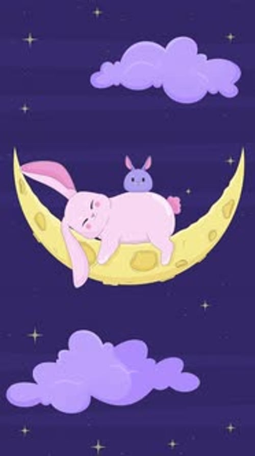 Cute moon bunnies sleeping on crescent night lofi vertical animation