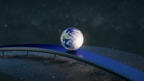 The Ball of the Planet Earth Smoothly Rolls Along the Wave Chrome Surface Against the Background of