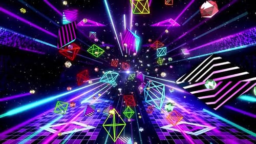 Retro Neon Geometric Tunnel with Abstract Shapes Loop Background