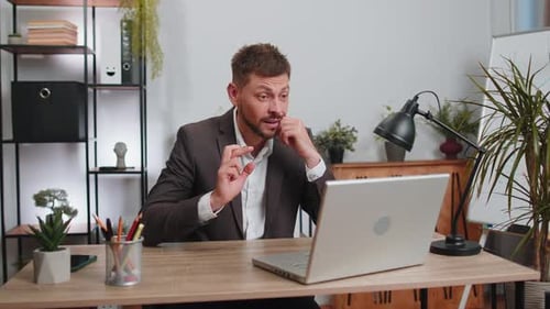 Business Man Winner Working Browsing Typing on Laptop at Office Celebrate Big Lottery Win Good News