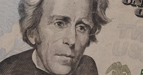 US President Andrew Jackson on United States. Zoom of 20 USD Bills.