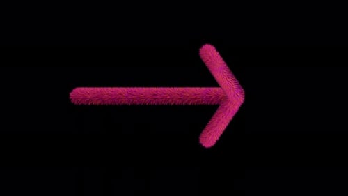 Furry arrow. Soft and realistic fur. Arrow with fluffy hair. Colorful text, 3D animated.