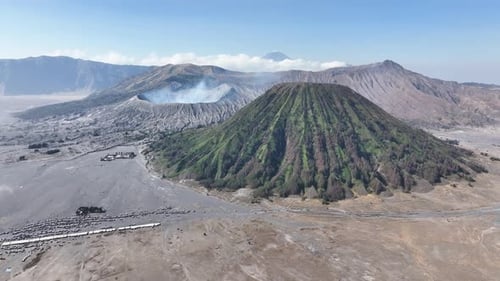 Drone Footage of Mount Bromo Erupting Steam in the Majestic Tengger Caldera