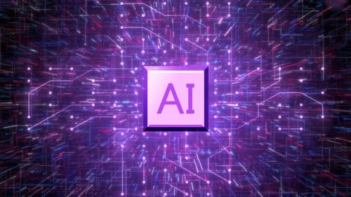 Puce IA futuriste avec des flux de données et des circuits lumineux dans le cyberespace