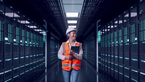 Asian Female Holding Tablet While Walking in Data Center