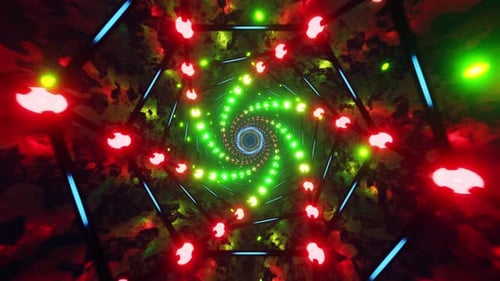 Un
tunnel au néon vibrant traverse un paysage onirique cyberpunk. Animation en boucle infinie