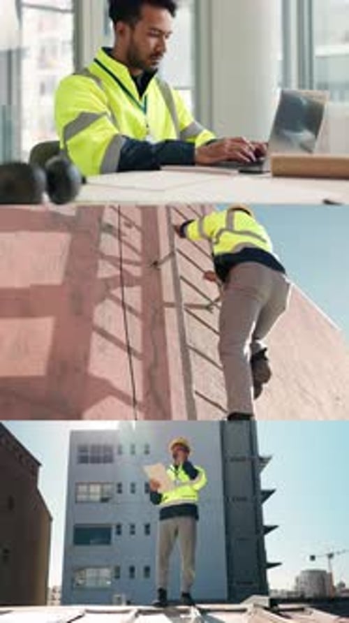 Outdoor, architect and man with radio, discussion and plan for property development