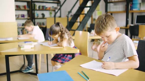 Portrait of an Elementary School Boy Student Sitting at a School Desk and Concentrating on Writing