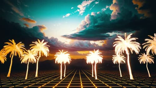 Glowing Palm Trees on a Retro Futuristic Grid Background