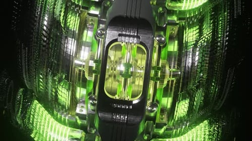 Intricate Metallic Structures Glowing with Pulsating Green Energy Revealing Complex Futuristic