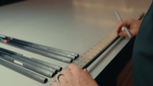 Male hands lay golf club shaft on counter to measure with ruler and pen to cut to custom length in w