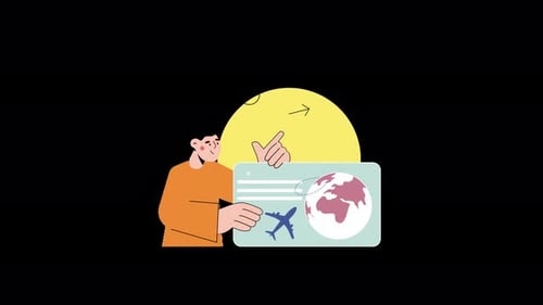 Animated Person Planning Travel on Digital Interface Card