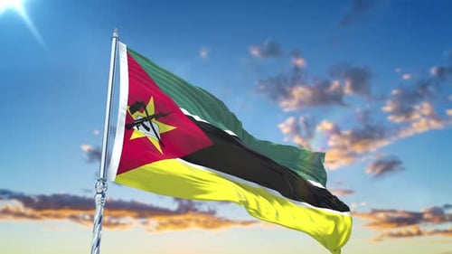 Animated Mozambique National Flag Waving in Blue Sky