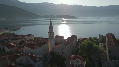 The old town of Budva shot from a drone. The best sights of Montenegro.
