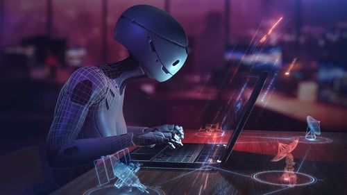 Futuristic Robot Analyst Working on Laptop with Holographic Data Interface