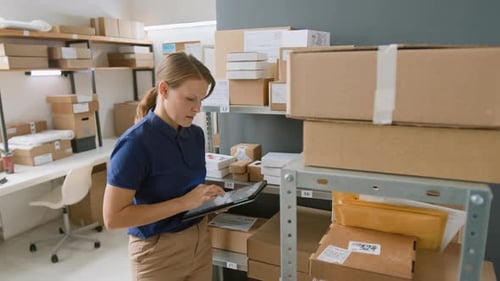 Female Associate Sorting and Scanning Packages on Racks at Delivery Company