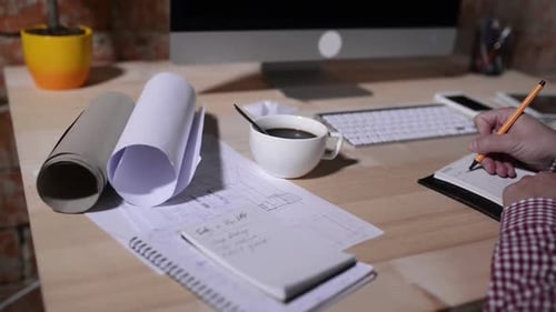 Man Writing in Notebook at Desk with Coffee
