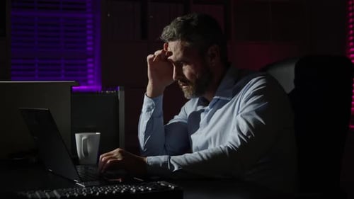Concept of Stress and Deadline Man Night and Tired Businessman in Office Businessman Working Late at