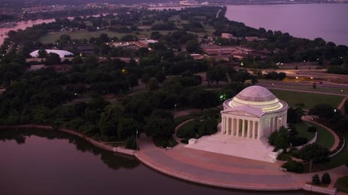 Washington dc jefferson memorial and tidal basin beautiful sunrise aerial view