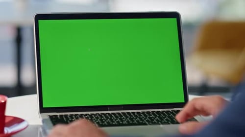Freelancer Browsing Website Chroma Key Laptop Working Restaurant Table Closeup