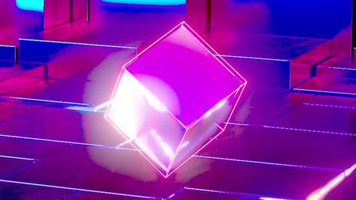 Abstract Glowing Fluid in Neon Wireframe Cube on Futuristic Grid Background