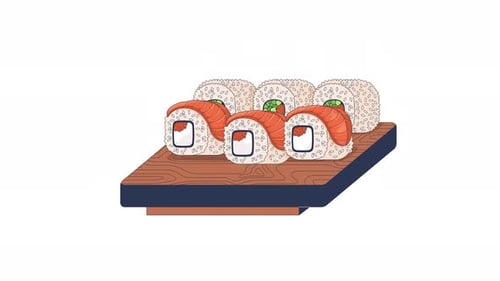 Mixed sushi platter on wooden tray 2D cartoon object animation