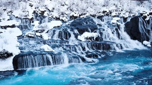 Winter Waterfall in Iceland Snowy Mountain and Cold Glacier River Pure Blue Water