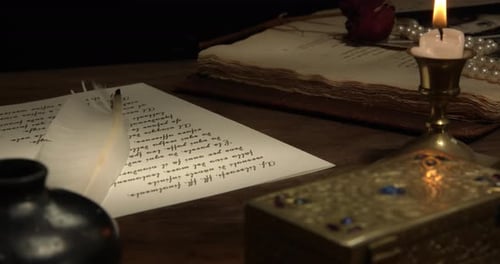 Vintage Desk With Letter, Candle, and Antique Book