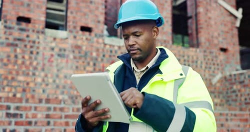 Construction, tablet or black man on site with review, safety checklist